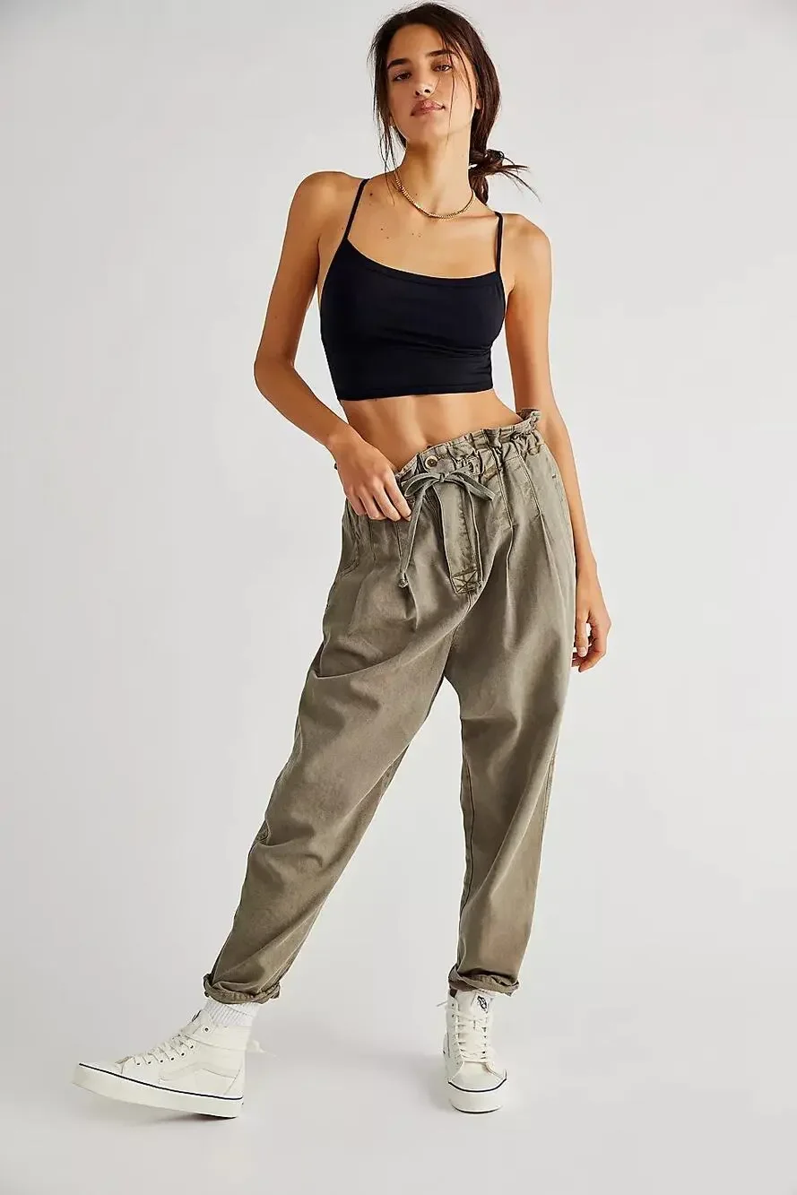 Free People Margate Pleated Tapered Cropped Trouser Small Army Green High Rise